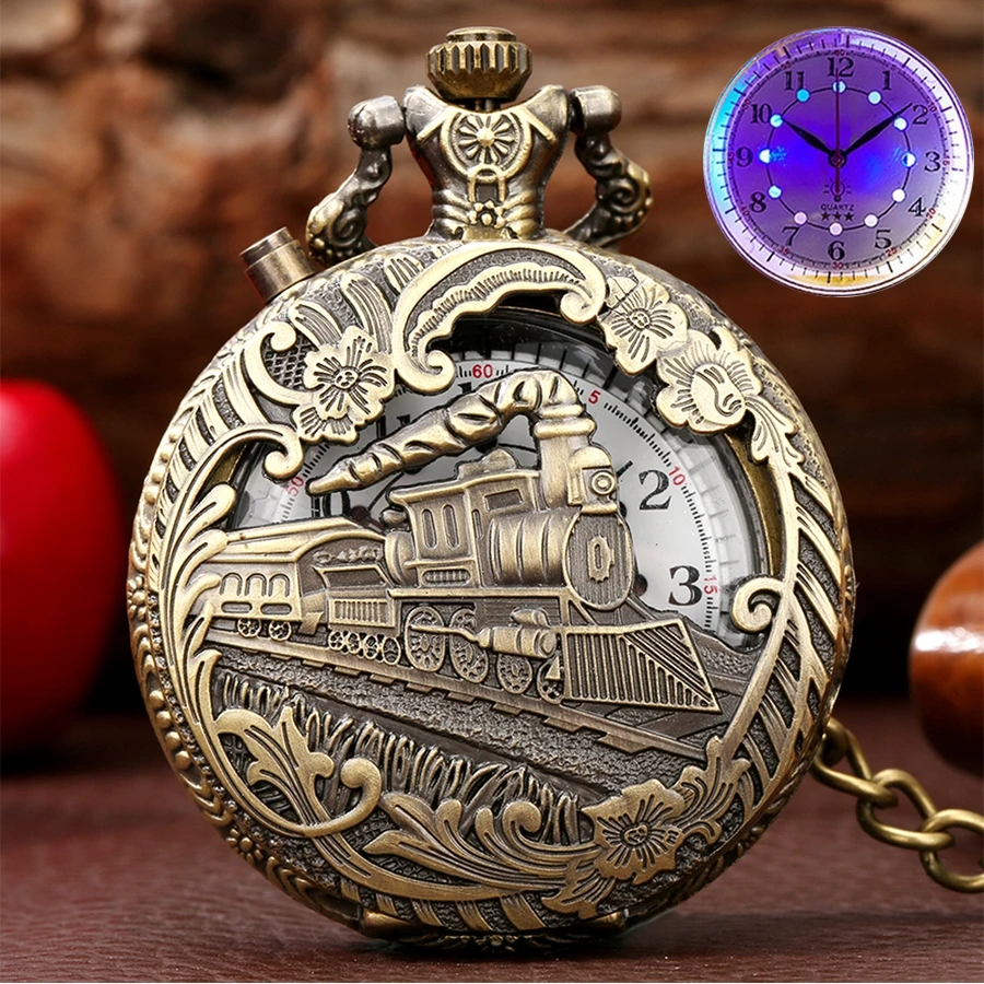 

New Luminous LED Light Arabic Numerals Display Bronze Train Locomotive Engine Quartz Pocket Watch Retro Punk Pocket Chain Clock