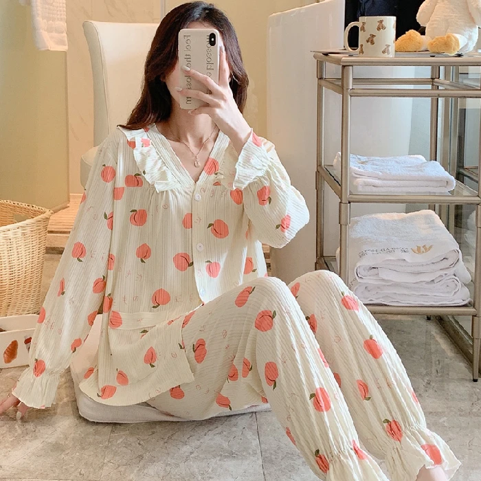 CAIYIER 2022 Winter V-Neck Cardigan Sleepwear Suit Leisure Women Flower Print Nightwear Long Sleeve Loose Student Lounge Wear