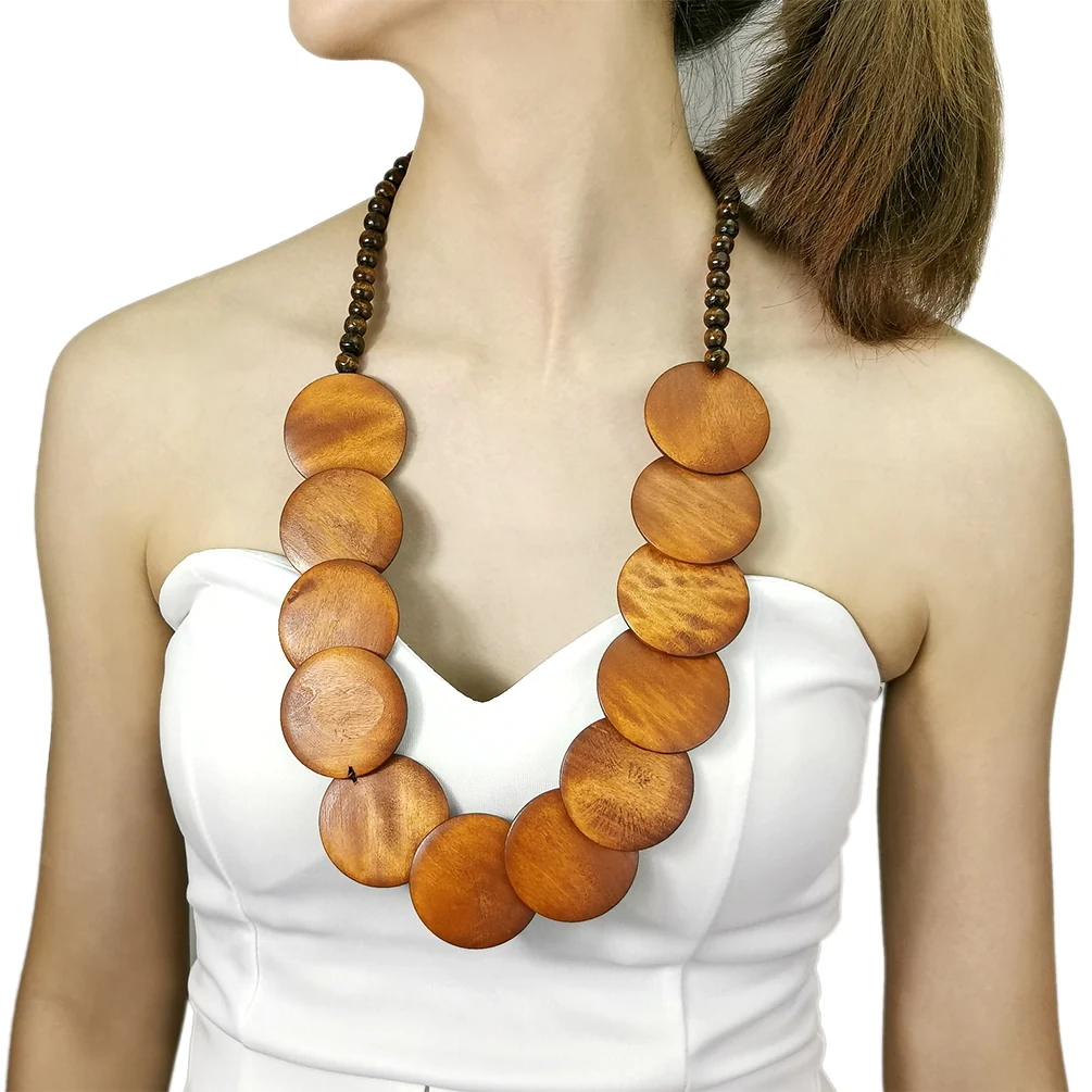 

Bohemian Brown Big Woods Pendant Necklace Ethnic Style Long Beads Chain Handmade Jewelry Wooden Collier UKEN
