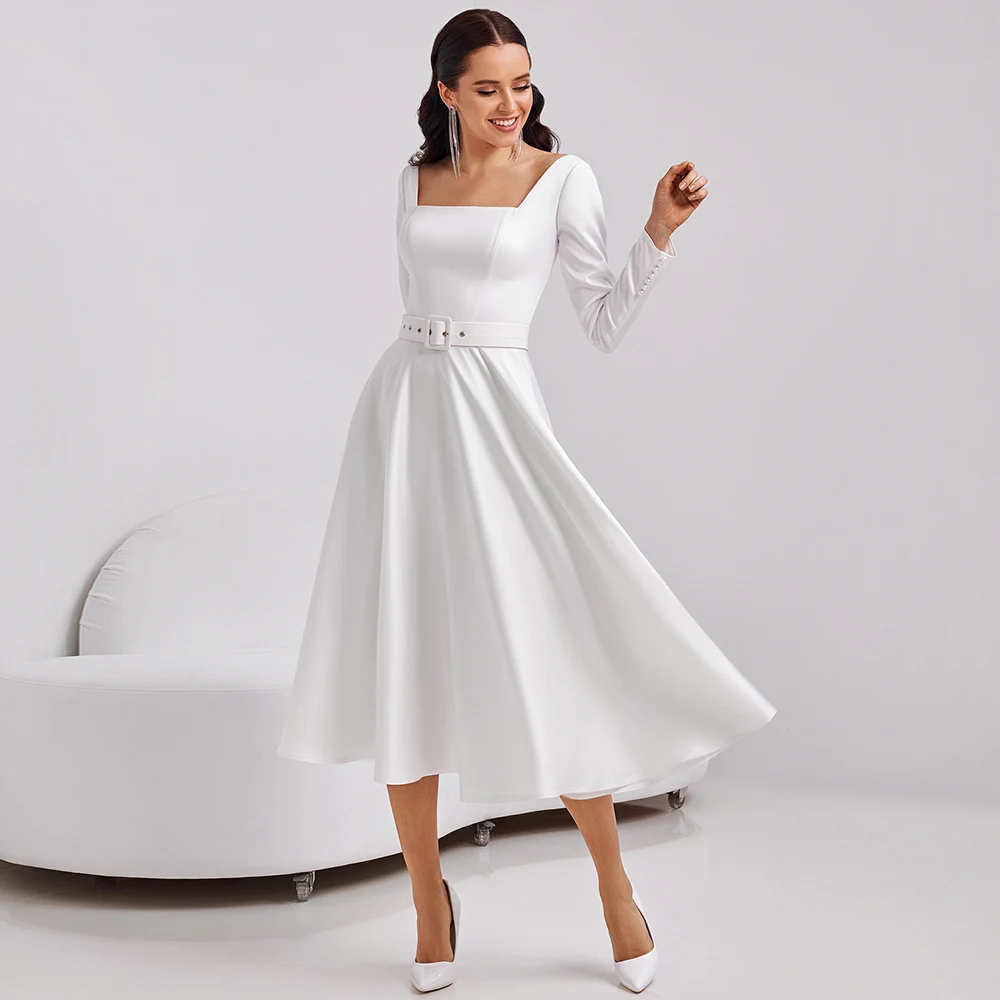 

Short Wedding Dress Satin Tea Length Backless A Line Midi Modern Wedding Gown White Princess Simple Bridal Dress Long Sleeves