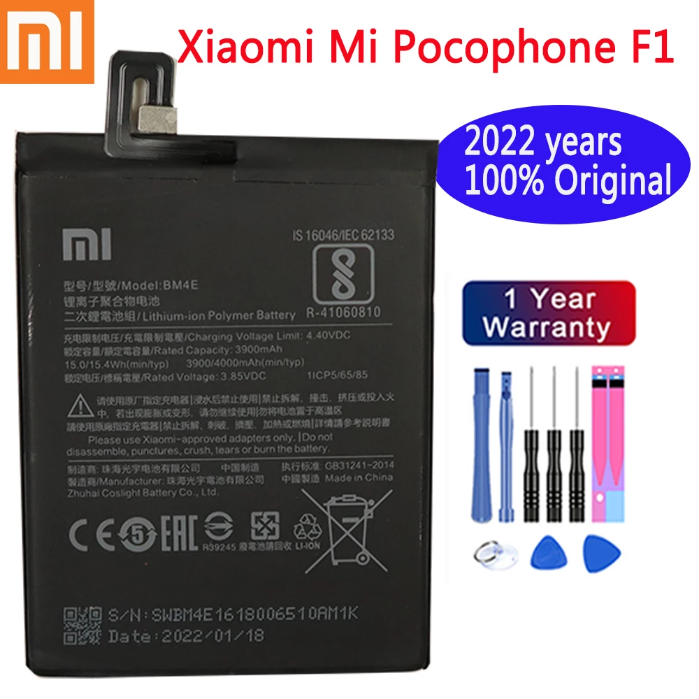 

2022 год, 100% оригинальный запасной аккумулятор BM4E для Xiaomi MI Pocophone F1, 4000 мАч, оригинальный аккумулятор для телефона, бесплатные инструменты