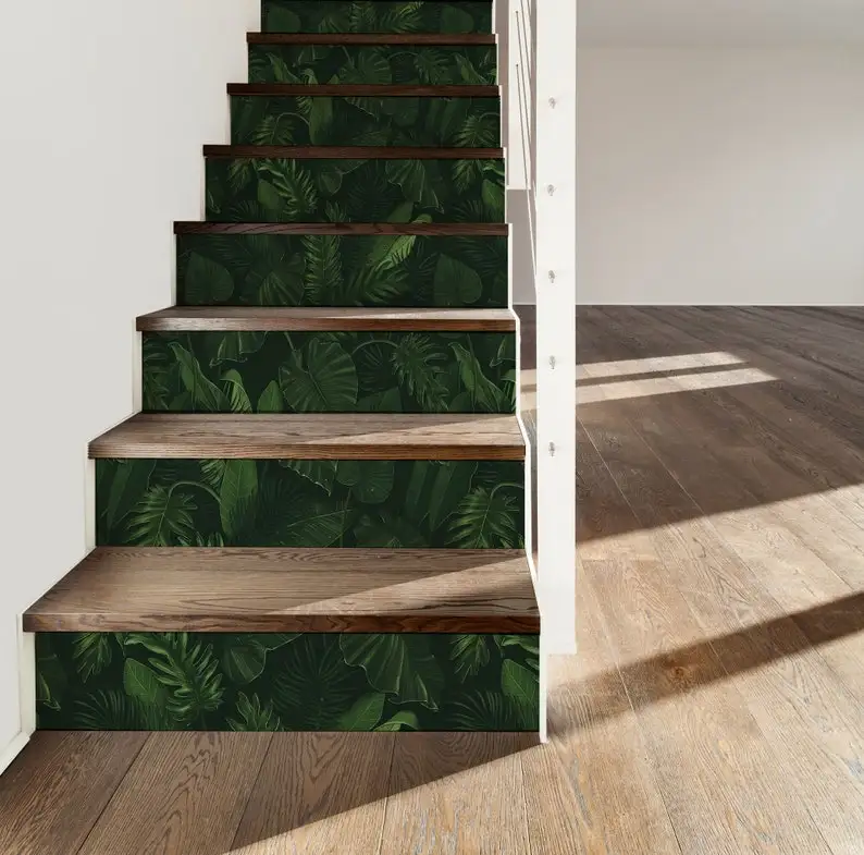 

Botanical Dark Leaves Decal \ Dark Floral Sticker \ Floral Removable Stair Riser Decals \ Peel & Stick Vinyl Stair Sticker