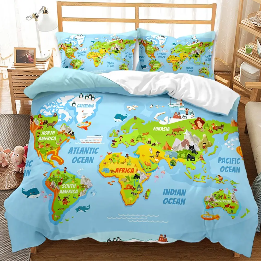 

World Map Duvet Cover Set,Multicolored Hand Drawn Asia Europe Africa America Map Queen King Full Twin Soft Polyester Quilt Cover