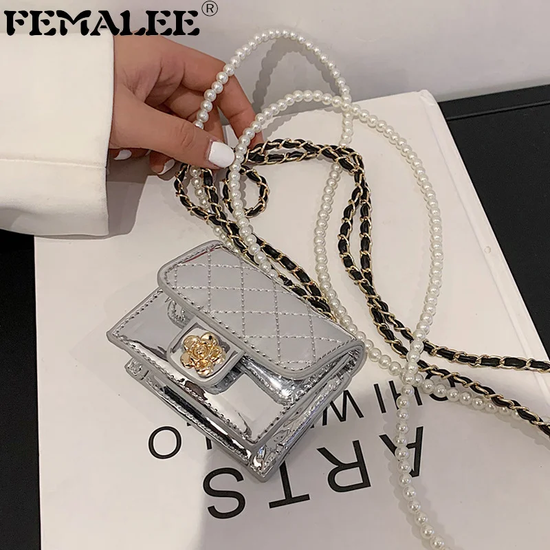 

Luxury mini patent leather bag Women's hanging collar tea flower bag rhomboid headset/lipstick/key bag pearl chain ch bag