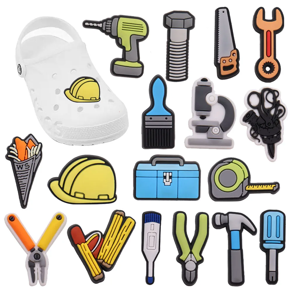 

1-17Pcs Brush Helmet Screwdriver Tape Measure Boys Garden Shoe Charms Buckle Tools Accessories DIY Croc Jibz Party Gifts