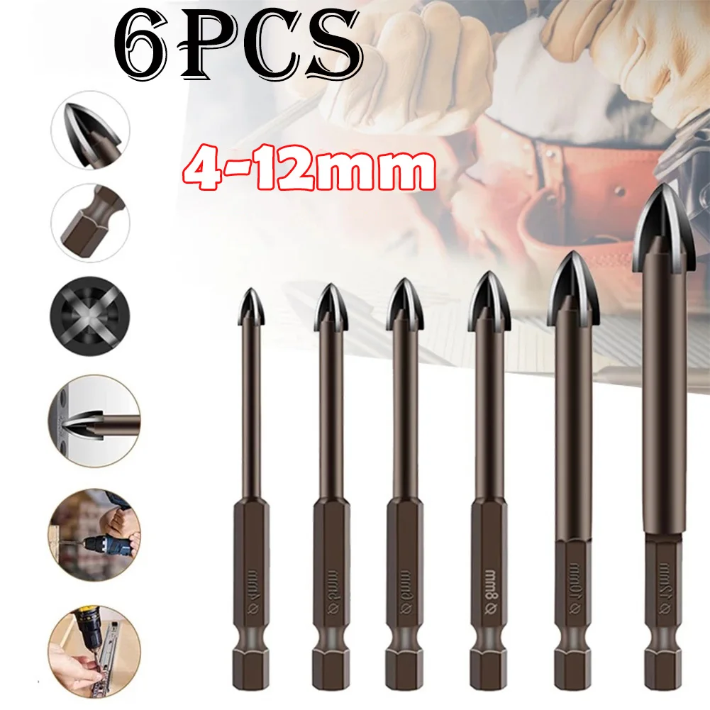 6pcs/set Drill Bits 4/5/6/8/10/12mm Diameter Carbide Cross Spear Head Titanium Ceramic Tile Glass Drill Bits