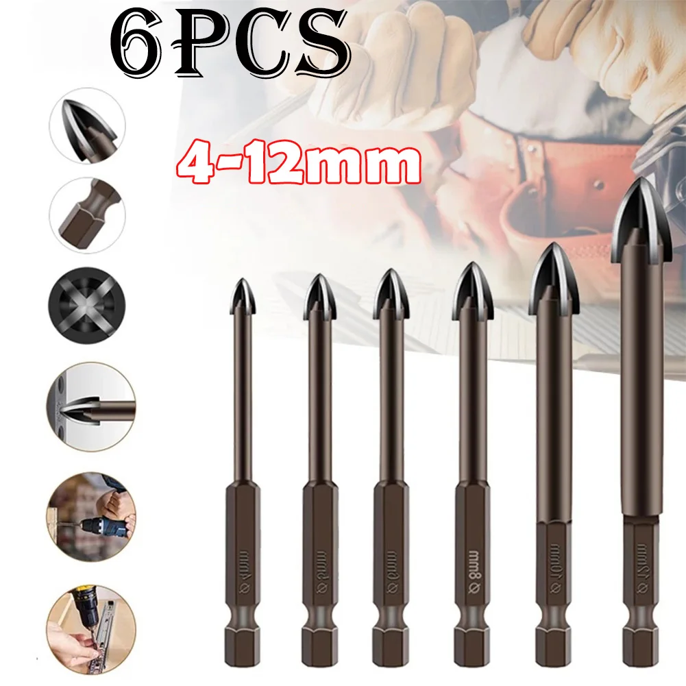 

6pcs/set Drill Bits 4/5/6/8/10/12mm Diameter Carbide Cross Spear Head Titanium Ceramic Tile Glass Drill Bits