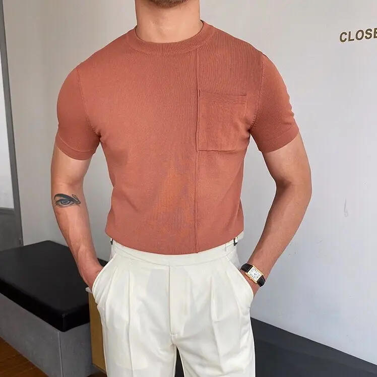 

2022 Summer New Men Short Sleeve Knit T-Shirt High Quality Man Solid Color Round Collar Tees Tight Fitting Casual Top Tees R48