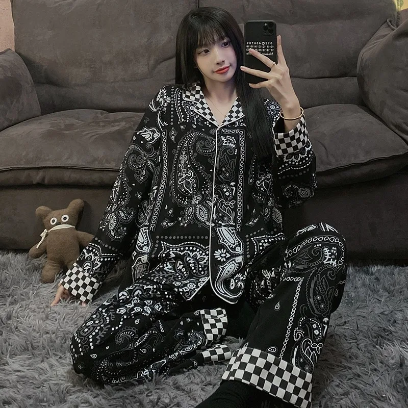 

Women's Pajamas Set Splicing Plaid Homewear Cotton Sleepwear Casual Nightie V Neck Nightwear Femme