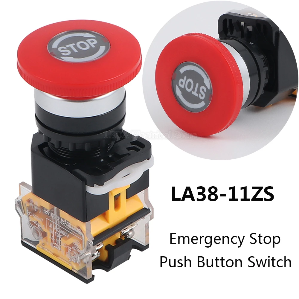 

1Pcs LA38-11ZS Red Emergency Stop 22mm Self-Locking head power switch Mushroom Push Button Switch 1 NO 1 NC