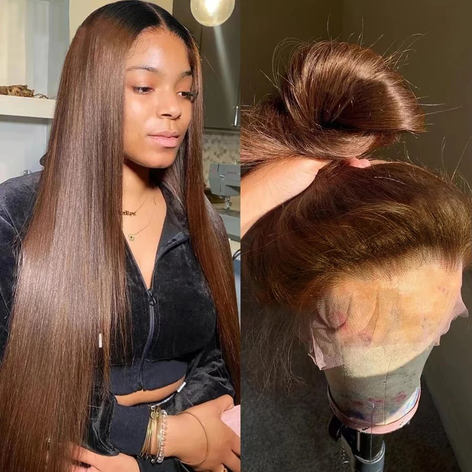 Ginger Brown Lace Frontal Human Hair Wigs Straight Chocolate