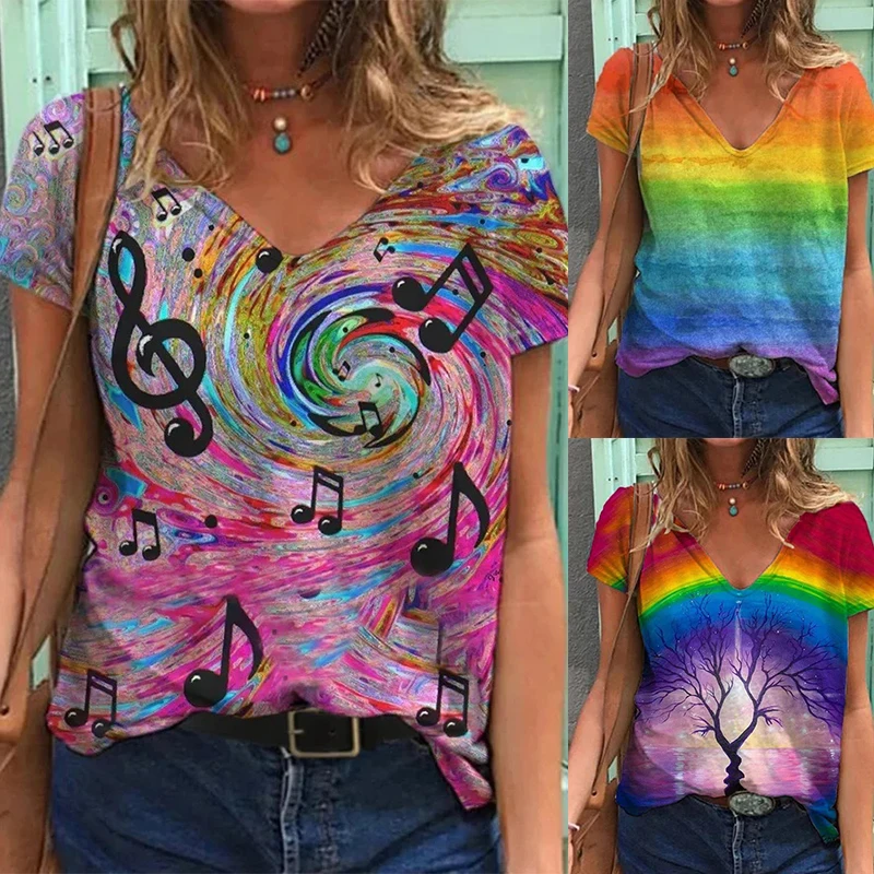 

Women Summer V Neck Printed Casual Pullover T-shirt Loose Ladies Plus Size Short Sleeve Clothing Tops Streewear Elegant