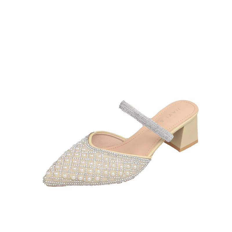 Woman Sparkly Pearl Pointed Toe Sandals Elegant Party Shoes Medium Heels Wedding Casual Chunky Heels Slippers Luxury Comfortable