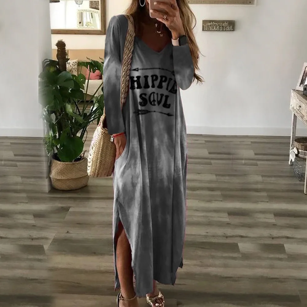 

Versatile Commuting Daily Sexy Temperament Spring/Summer High Waist Letter Print V-Neck Long Sleeve Pocket Loose Medium Length