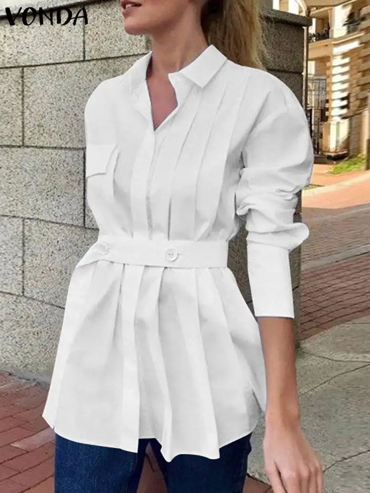 

VONDA Women Long Sleeve Shirts 2023 Elegant Belted Tunic Tops Fashion Lapel Buttons Casual Blouse Pleated Solid Blusas Femininas