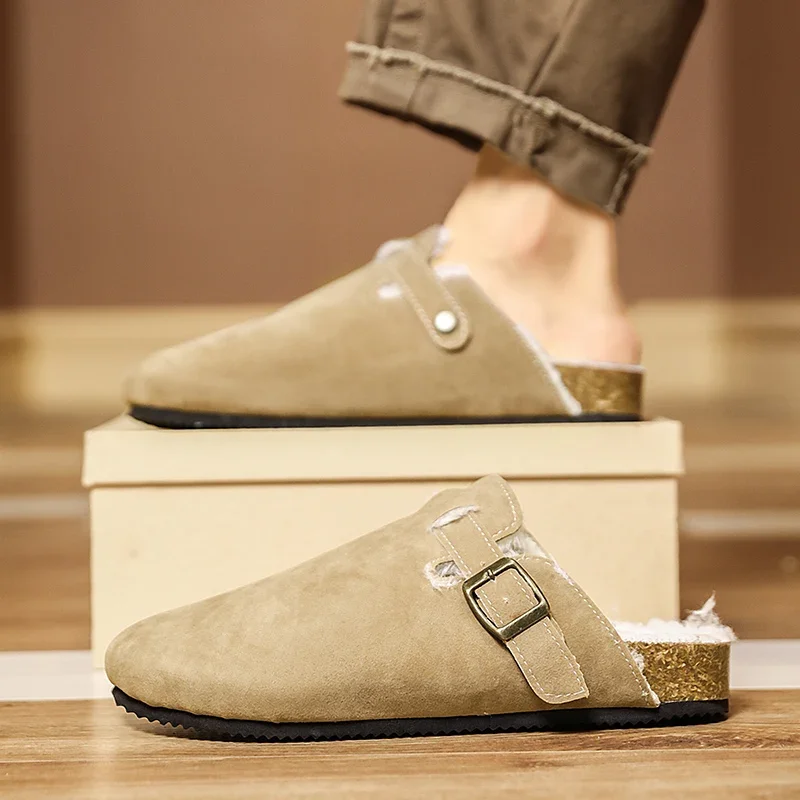 Зимние меховые сабо для мужчин и женщин плюшевые классические пробковые тапочки