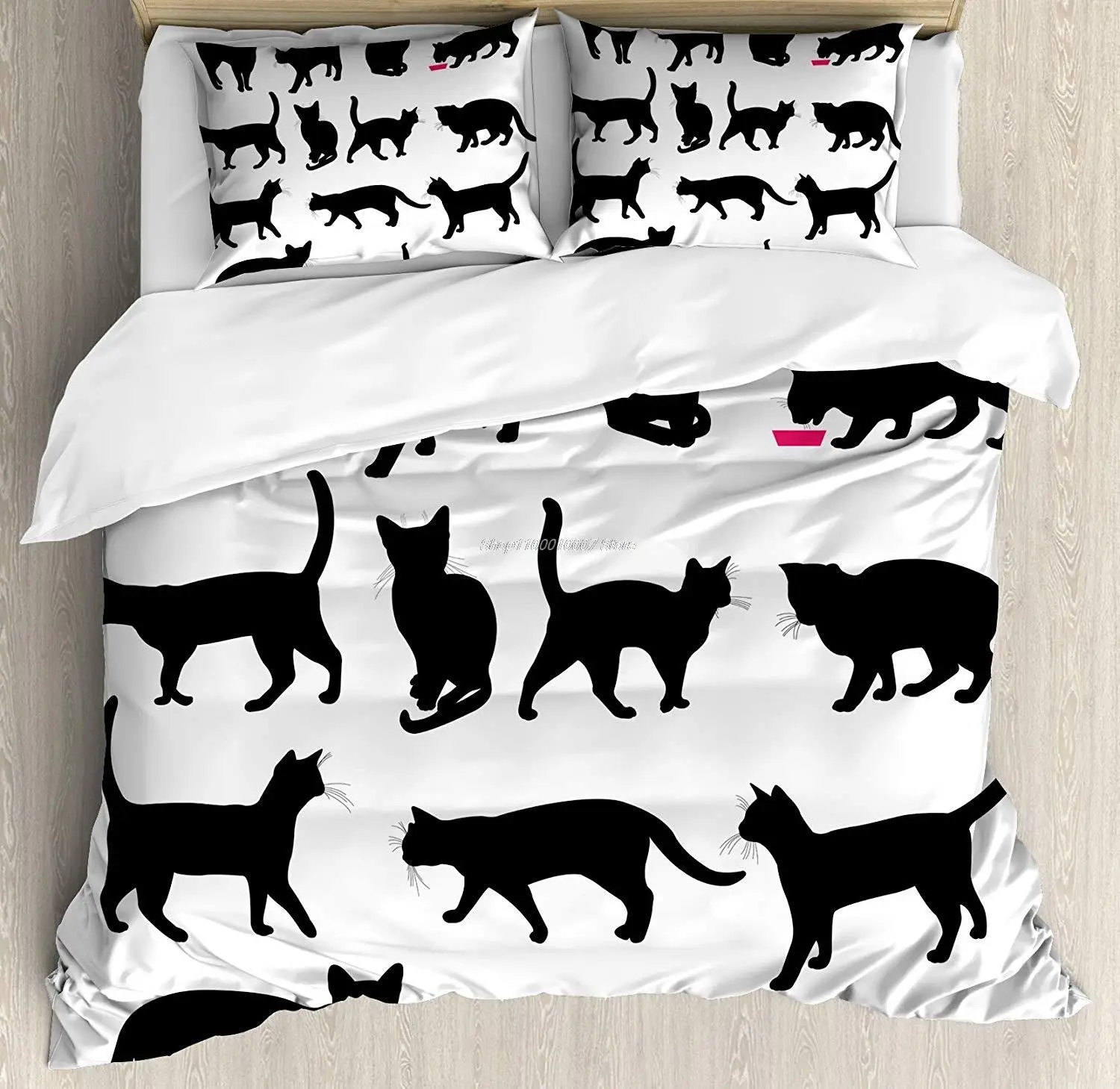 

Cat Duvet Cover Set Black Cat Silhouettes in Different Poses Domestic Pets Kitty Paws Tail and Whiskers Decorative 3 Piece Bed