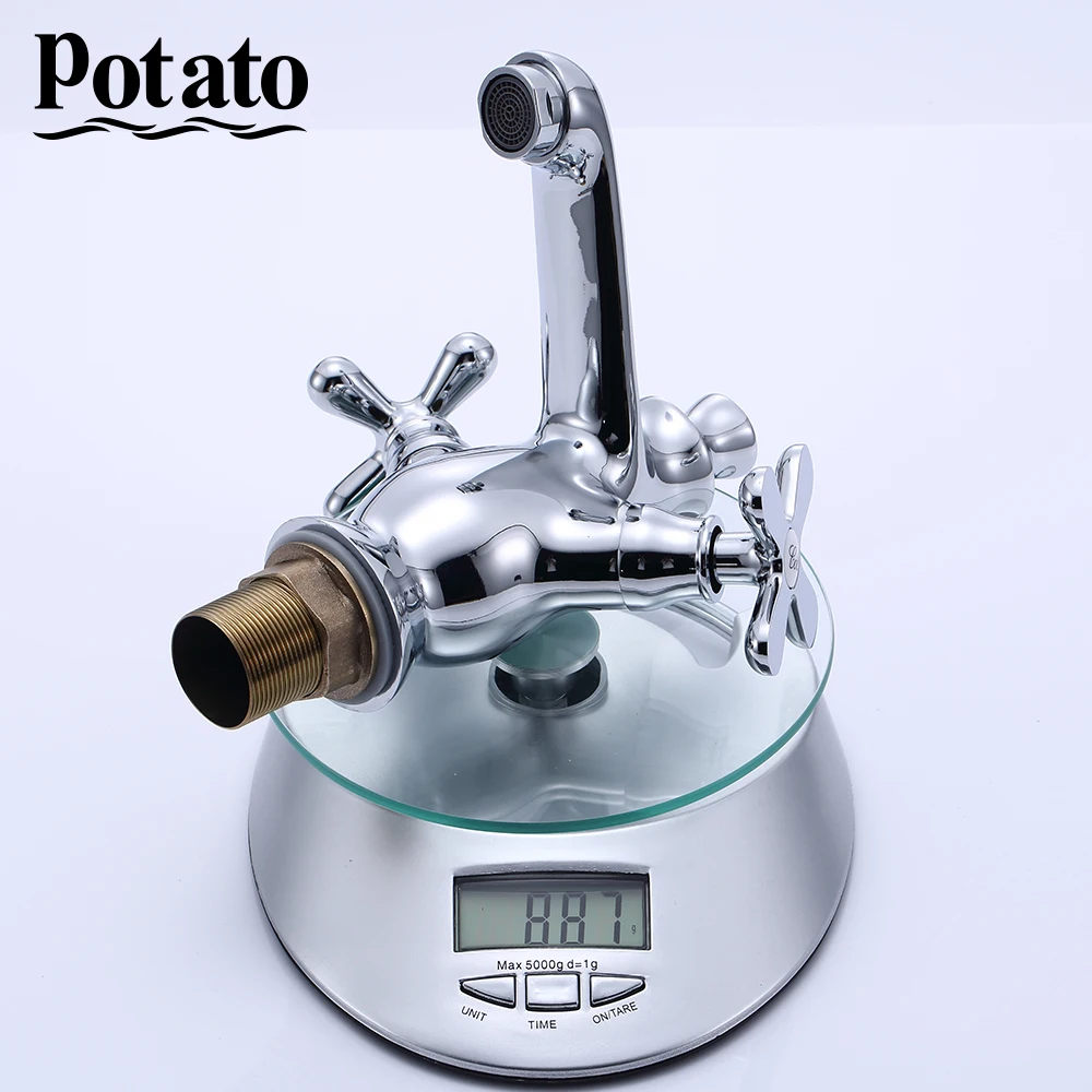 Кран для ванной комнаты Potato с двумя ручками для раковины настенного монтажа из латуни с горячей и холодной водой p10321.