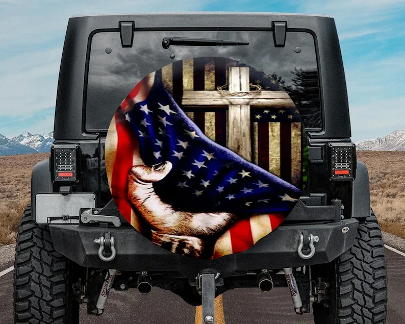 

God, Jeep запасной чехол с американским флагом, Винтажный чехол для запасной шины Креста, христианские, забавные подарки для джипа, Американская гордость, резервное копирование