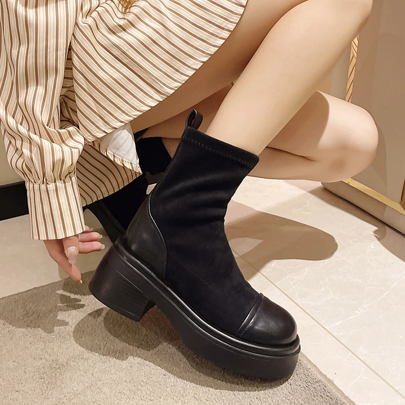 

Женские короткие ботинки 2023, модные удобные осенние ботильоны с круглым носком на толстом каблуке