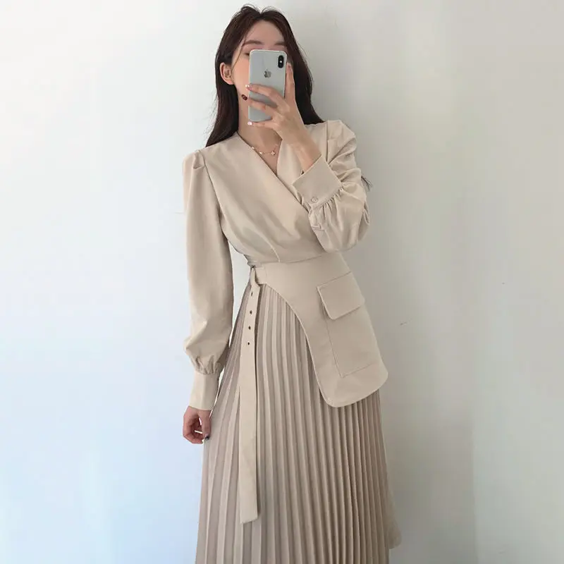 

Elegant Women Dress 202 New Spring Autumn Fashion Casual V Neck Long Sleeve Patchwork A Line Long A Line Dresses Tops R57