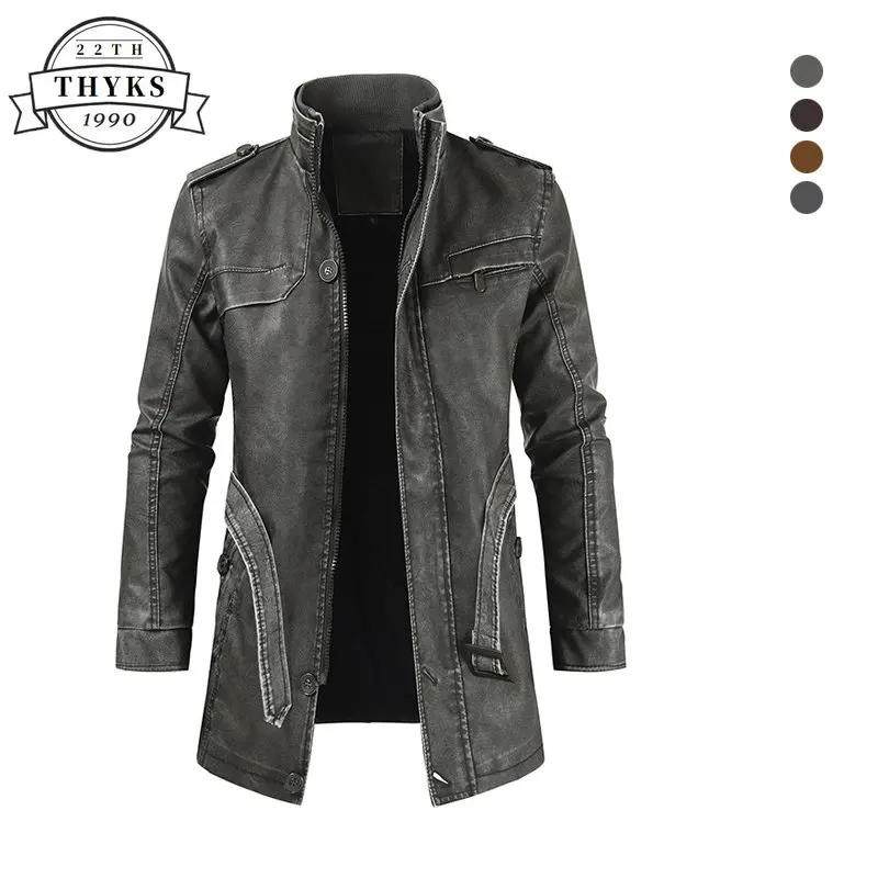 

Куртка мужская кожаная средней длины, мотоциклетная винтажная куртка из искусственной кожи, Повседневная ветровка с воротником-стойкой, Байкерская одежда, весна