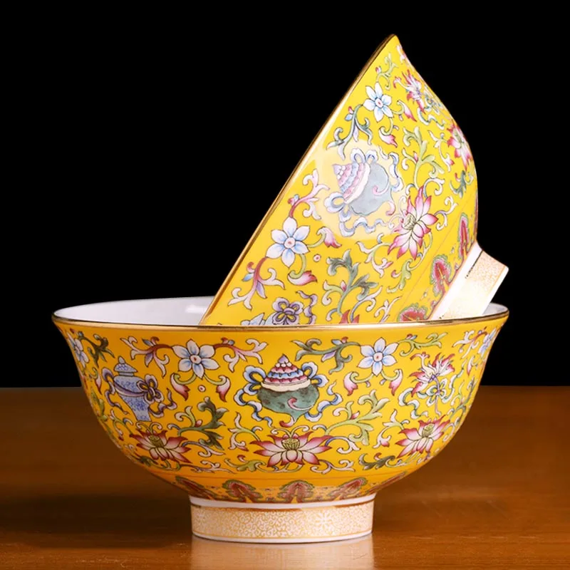 

Ceramic Bowl 5.5inch Jingdezhen Enamel Bone china Rice Bowl Home Vintage Dinnerware Tibetan Auspicious Ramen Bowls Tableware Art