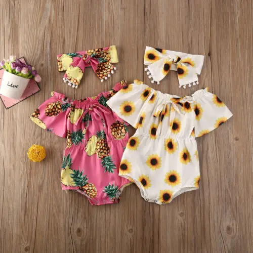 

Baby Summer Clothing Baby Girl Flower Clothes Girls Off Shoulder Bodysuit Headband Pineapple Kids Sunflower Newborn Outfits Set