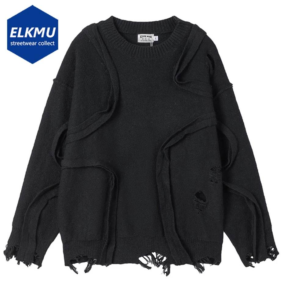 Полосатый лоскутный свитер в стиле хип-хоп рваный свободный вязаный джемпер