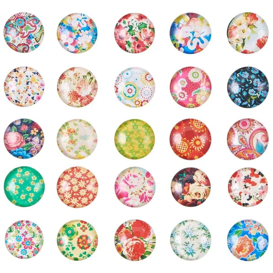 

About 200pcs 10mm Mixed Color Flower Printed Half Round/Dome Glass Cabochons Floral Mosaic Tile for Photo Pendant Jewelry Making