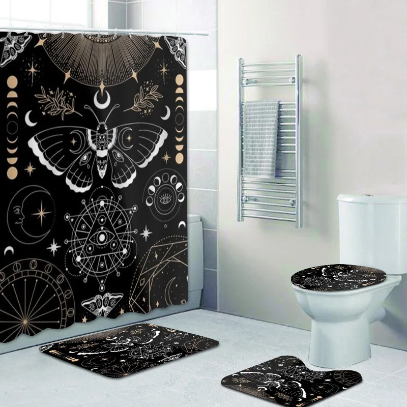 

Gothic Luna Moth Moon Phase Psychedelic Witchy Academia Aesthetic Bathroom Shower Curtain Set Mysterious Tarot Bath Rugs Decor