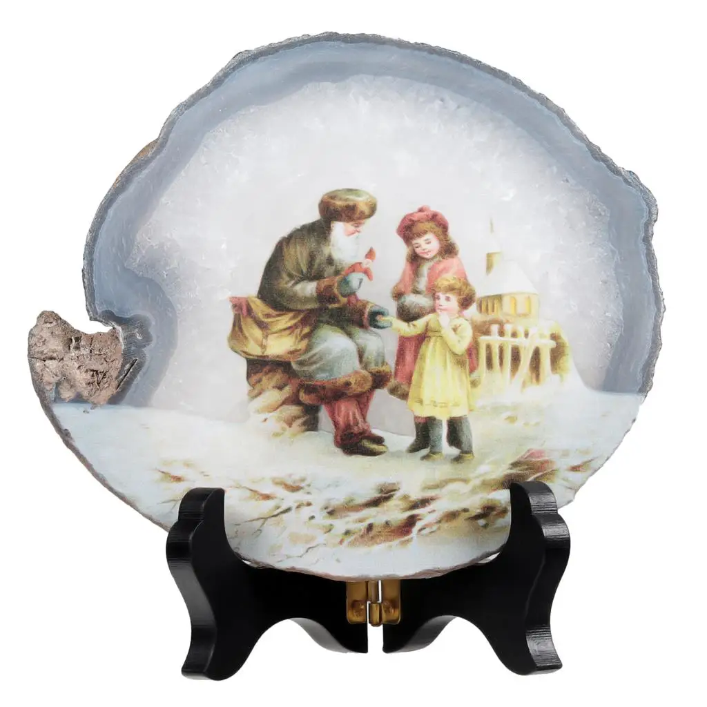 

Nordic Fairy Tale Snow Scene Natural Irregular Agate Slices Ornaments With Wooden Stand Stone Crafts Gift Home Decoration