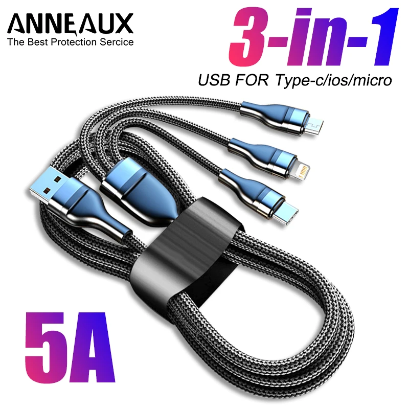 

3in1 120W Super Fast Charge For iPhone 14 13 11 Pro Max USB To Type C Lightning Charge Cable For Samsung Redmi Huawei 5A Data