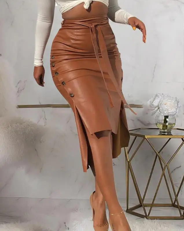 

Women's Skirt Pu Leather Slit Tied Detail Ruched Buttoned Skirt Mid-Calf Skinny Daily Skirt