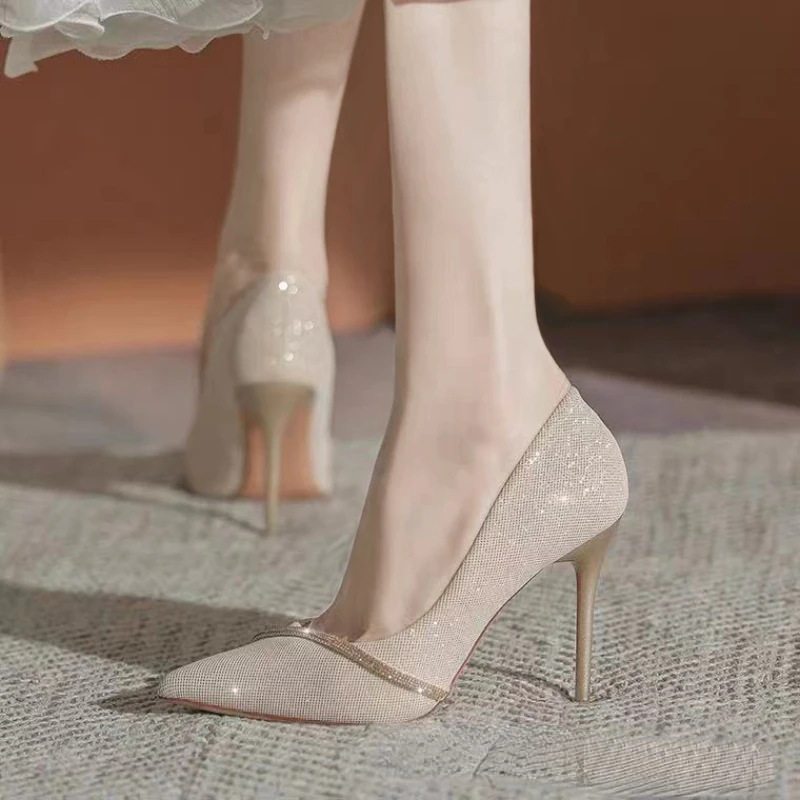 

Women with Single Shoes 2023 New Fashion French Pointed Rhinestone Stilettos with Banquet High Heels 7-9cm Pumps for Women Shoes