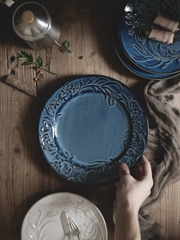 

Рельефная тарелка для завтрака в стиле ретро, поднос для овощей и салата в скандинавском стиле, блюдо для еды с резьбой в западном стиле, тарелка для пасты, стейков, кухонная посуда