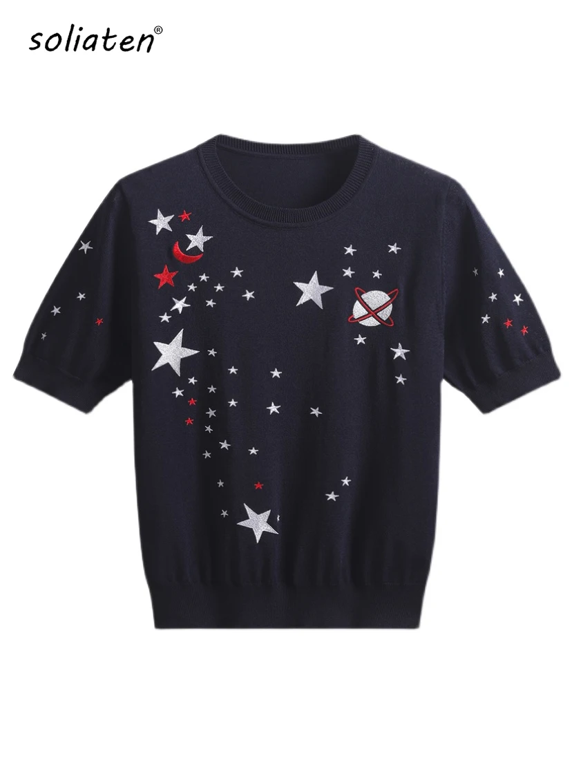 

Модные Ретро-футболки с вышивкой Галактики звезды с коротким рукавом, летние женские трикотажные повседневные пуловеры, B-108