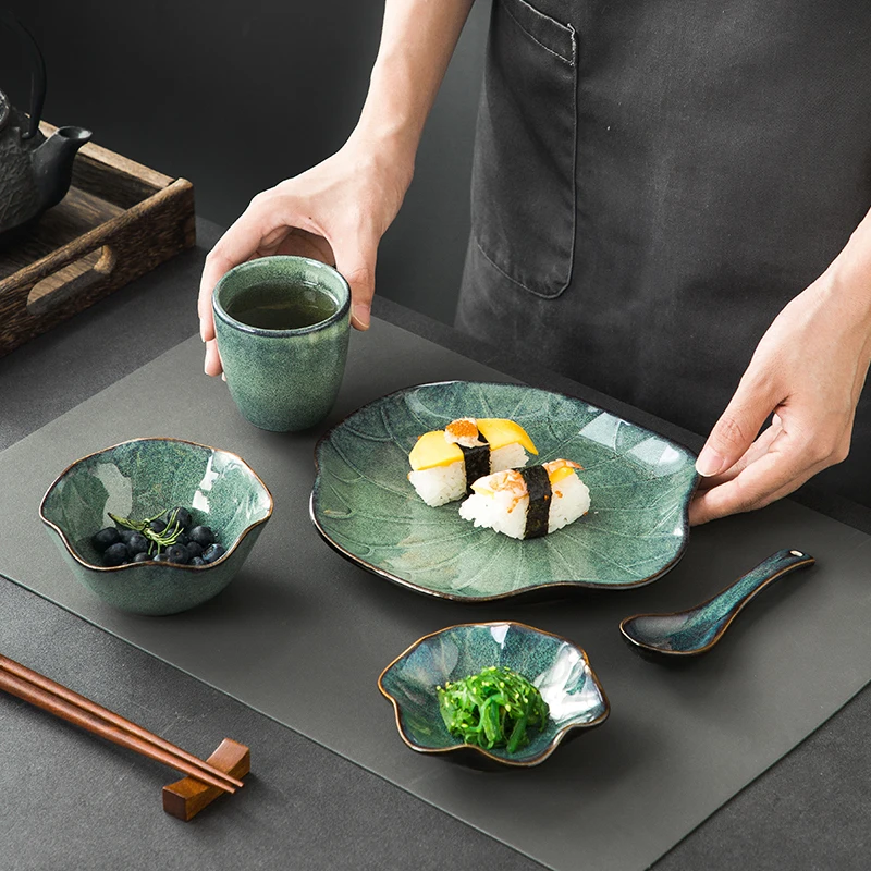 

Набор японских столовых приборов в форме листа лотоса, миска и тарелки, миска для ресторана, миска, ложка, чашка