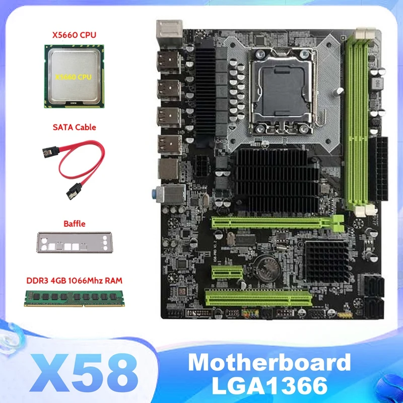 

Материнская плата X58 LGA1366, компьютерная материнская плата с поддержкой RX, графическая карта с процессором X5660 + DDR3 4 Гб 1066 МГц ОЗУ + кабель SATA