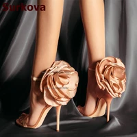 surkova big flowers high heel sandals champagne black satin single band wedding shoes ankel buckle strap floral evening pumps
