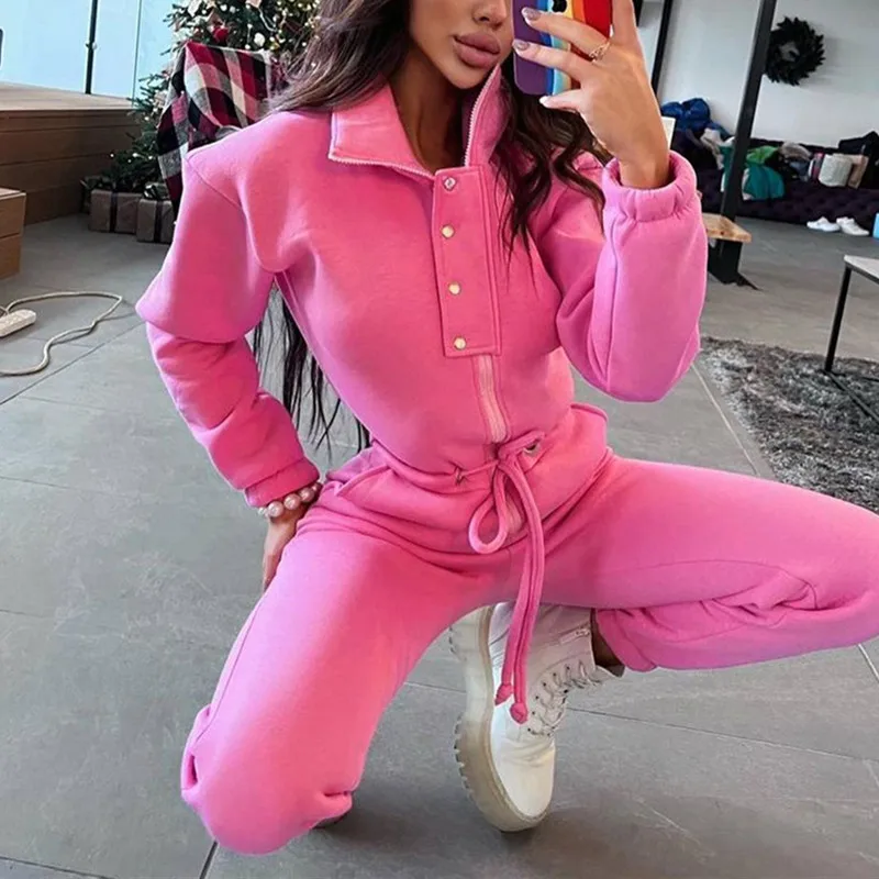 

Casual Stand Collar Jumpsuits Women Autumn Winter Zipper One Piece Long Sleeve Outfit Solid Loose Drawstring Rompers Tracksuits