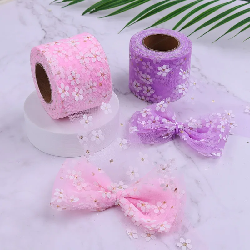 

6cm 5Yards Floret Tulle Daisy Ribbon Roll DIY Handmade Craft Hair Ornament Baking Cherry Blossoms Printed Mesh Fabric Supplies