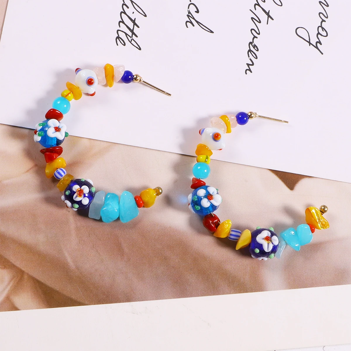 

Best Lady Summer Holiday Handmade Beads Hoop Earring for Women Bohemian Colorful Big Round C-Shape Stud Earrings Jewelry
