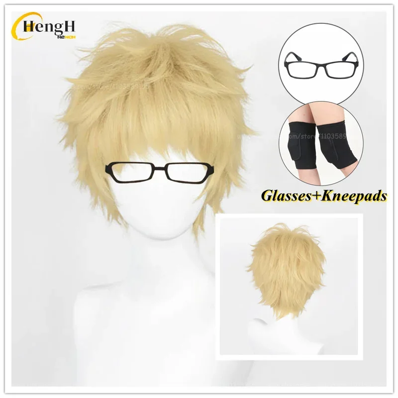 Синтетический парик аниме Kei Tsukishima 30 см искусственный золотой косплей из очки