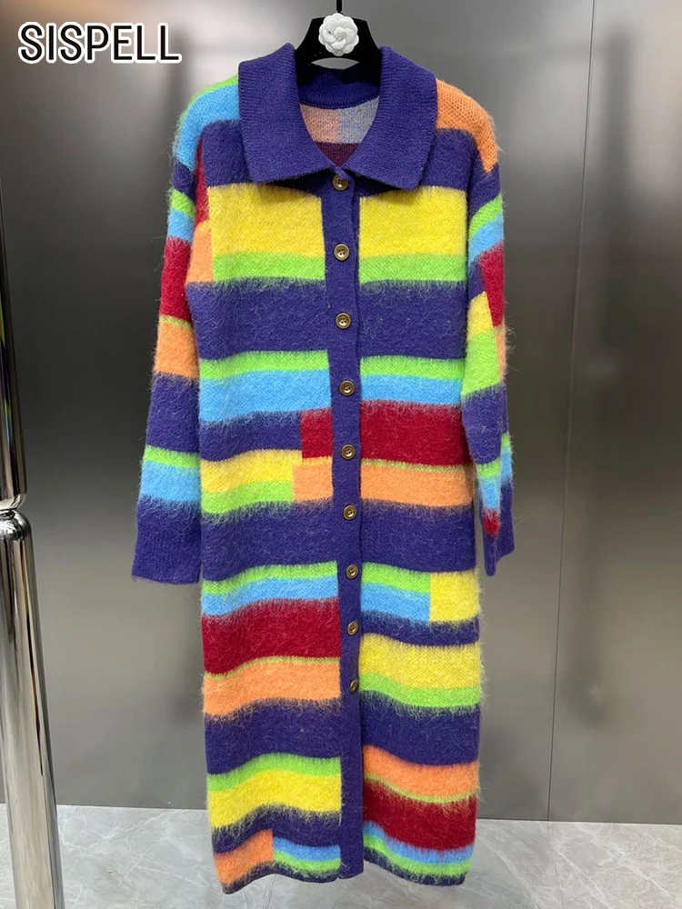 

SISPELL Striped Sweaters For Women Laple Long Sleeve Patchwork Single Breasted Knitting Rainbow Sweater Female Fashion 2022 New