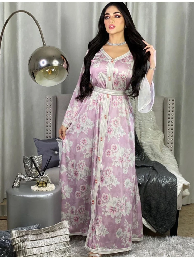 

Morocco Dress Muslim Women Satin Dubai Abaya Dress Jalabiya Floral Musulman Islamic Clothing Turkey Moroccan Kaftan Arabic Robe