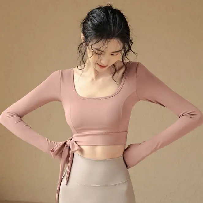 

Fitness suit with chest pad, long sleeved T-shirt, women's gymnastics training dance, sexy and tight fitting running fitness