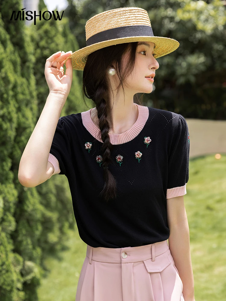 

MISHOW Harajuku Slim Knitted T-shirts Summer 2022 Korean Vintage Loose Embroidery Oneck Short Puff Sleeve Women Tops MXB24Z0425