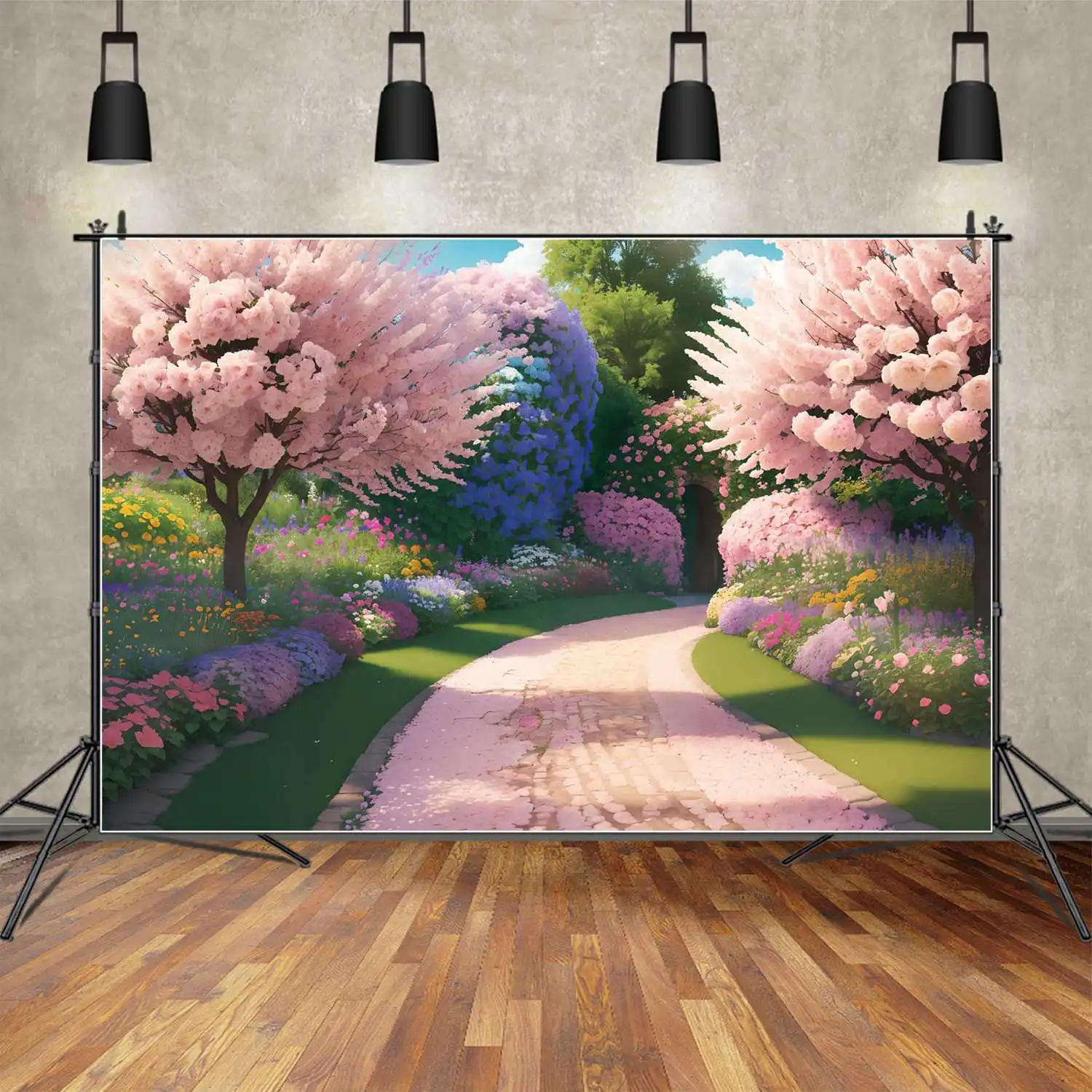 

Blue And Pink Spring Garden Photography Backdrops Decor Blossom Green Grass Custom Kids Photo Booth Photo Backgrounds Banners