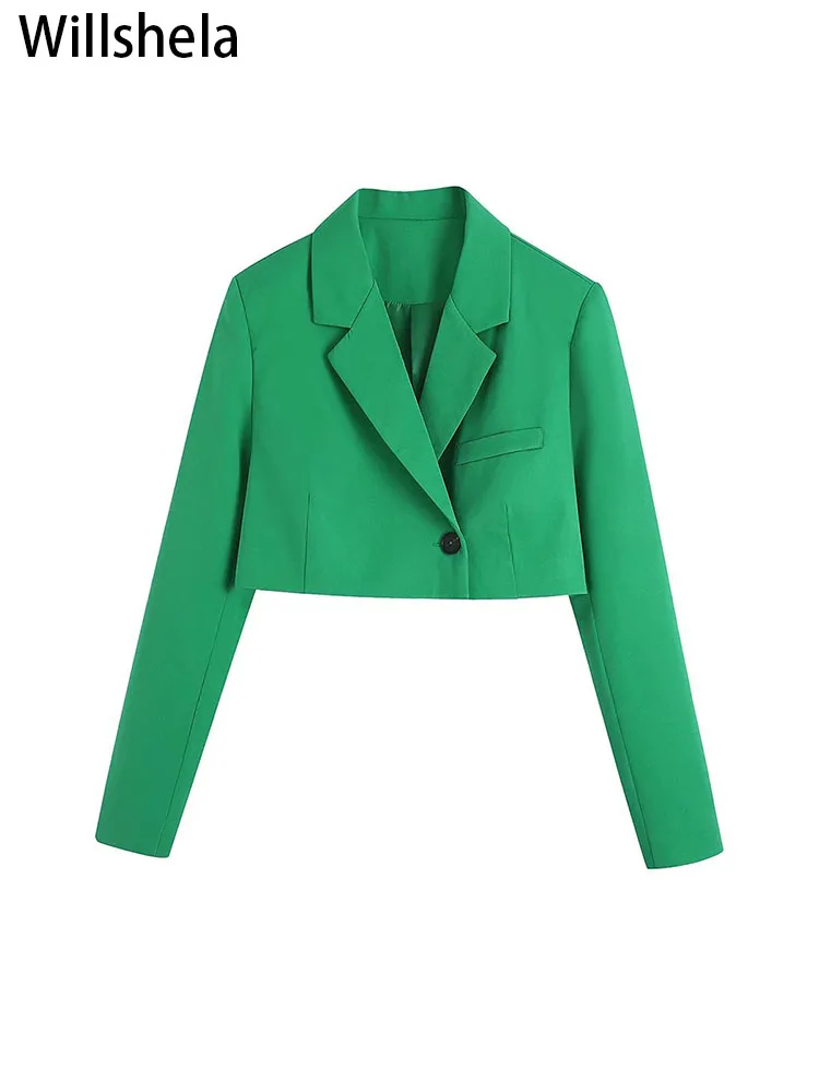 

Willshela Women Fashion Solid Single Button Cropped Blazer Vintage Long Sleeves Notched Neck Female Office Lady Outfits